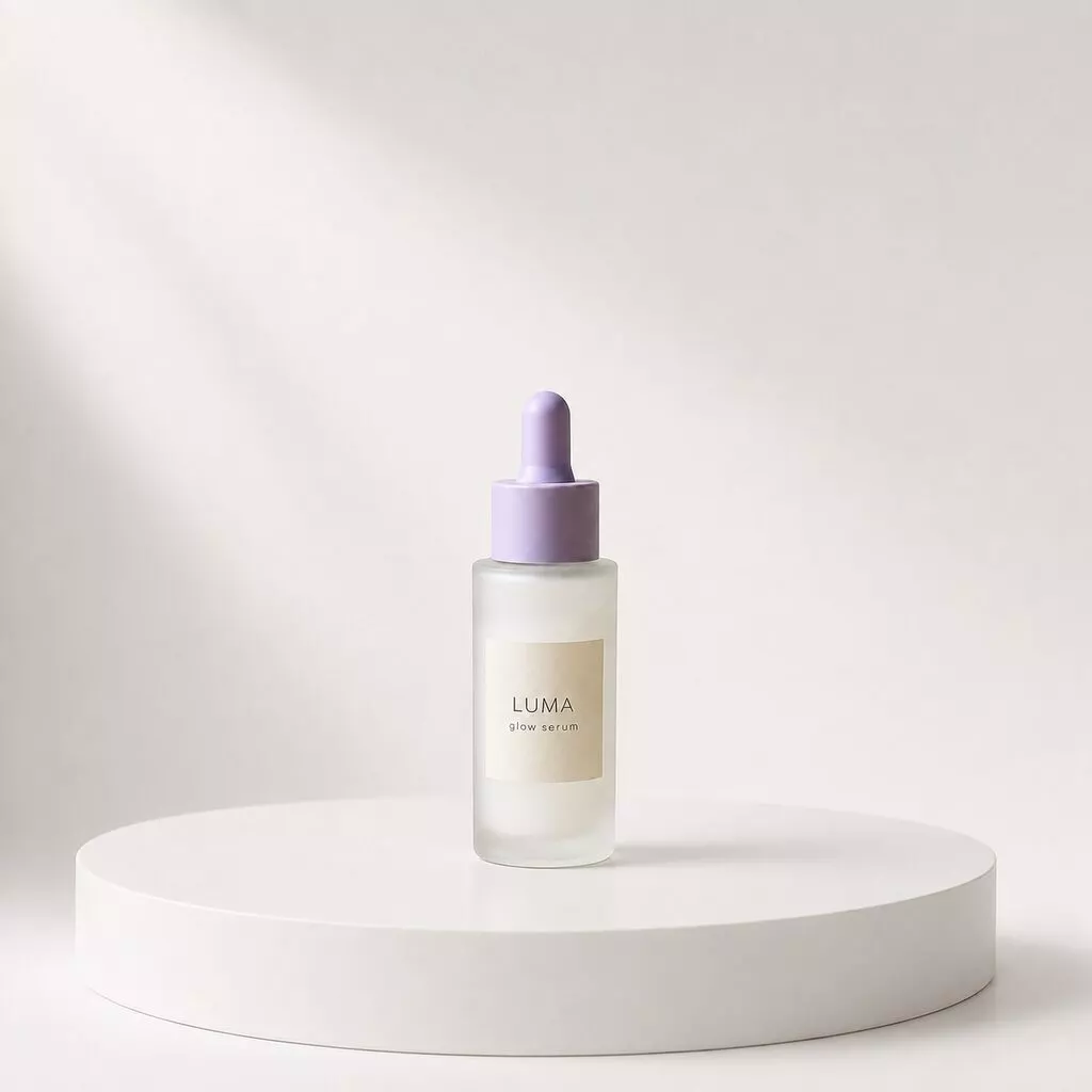 The same serum bottle on a white studio podium