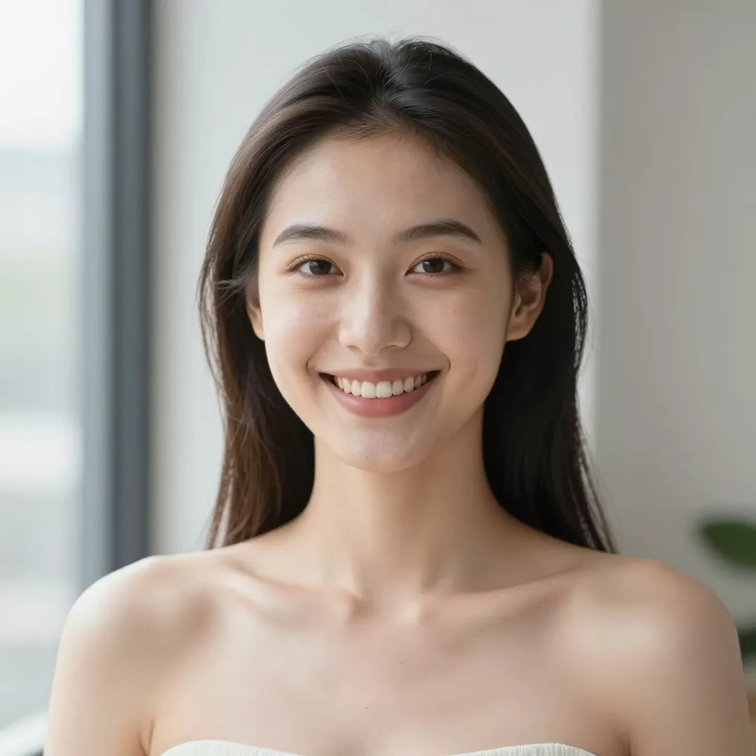 Same low-light portrait after AI denoising with smooth skin tones and sharp eye detail and no grain
