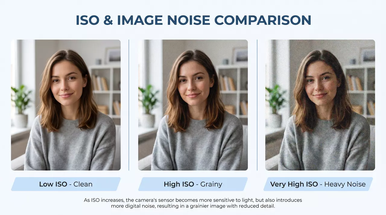 Comparison strip showing the same photo at low ISO, medium ISO, and high ISO with grain increasing as ISO rises in low light