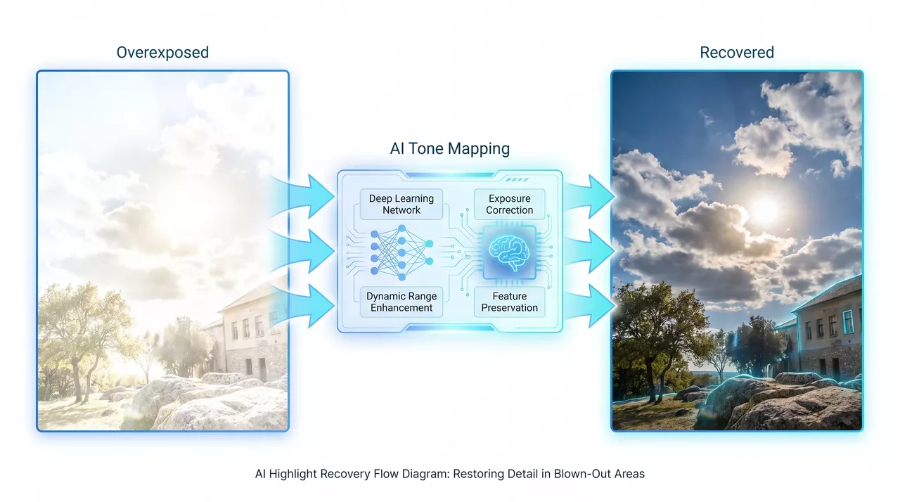 Side-by-side showing how AI tone-mapping rebalances a washed-out overexposed landscape into recovered highlights and natural color