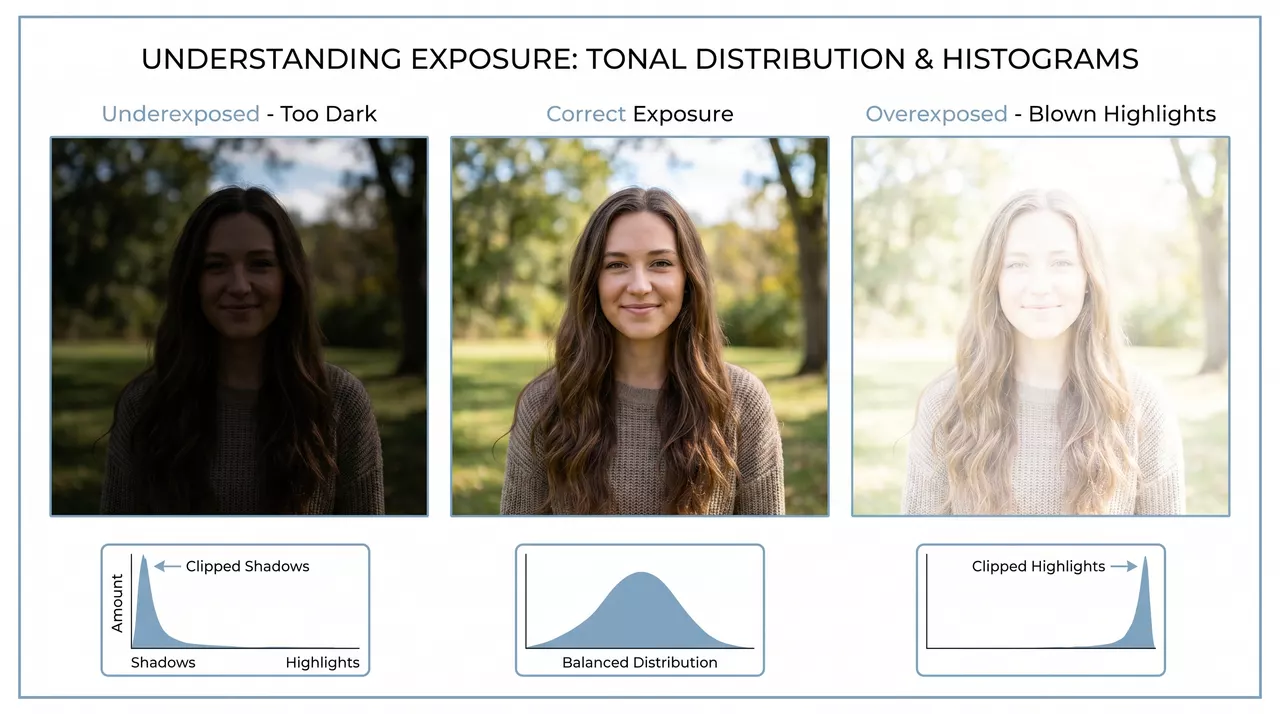 Diagram comparing a correctly exposed photo with a histogram peak in the middle versus an overexposed photo with the histogram pushed hard against the right edge